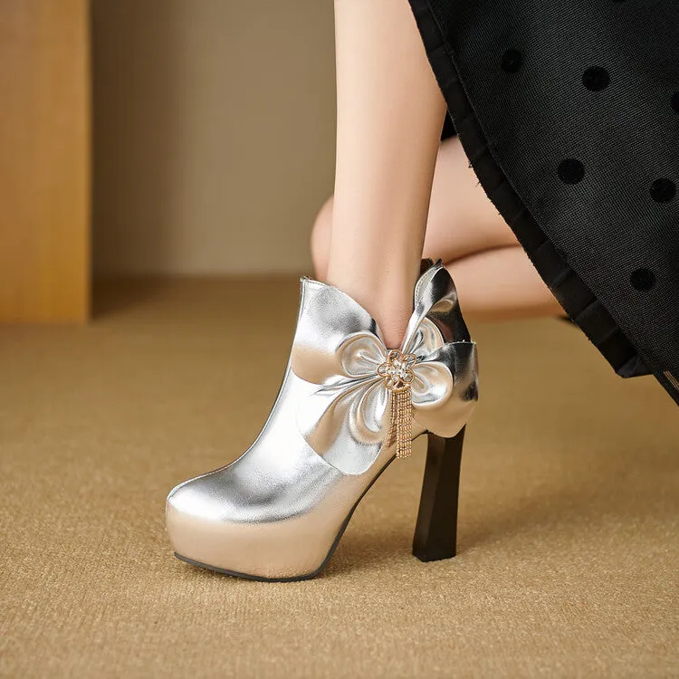 Women's Patent Leather Bows Chunky High Heel Ankle Boots