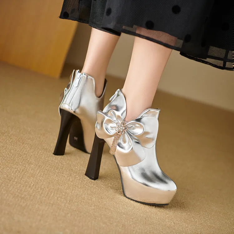 Women's Patent Leather Bows Chunky High Heel Ankle Boots