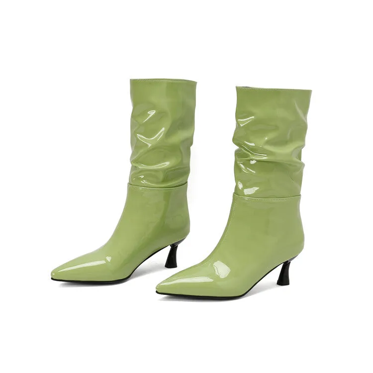 Women's Patent Leather Pointed Toe Pleated Mid-Calf Boots