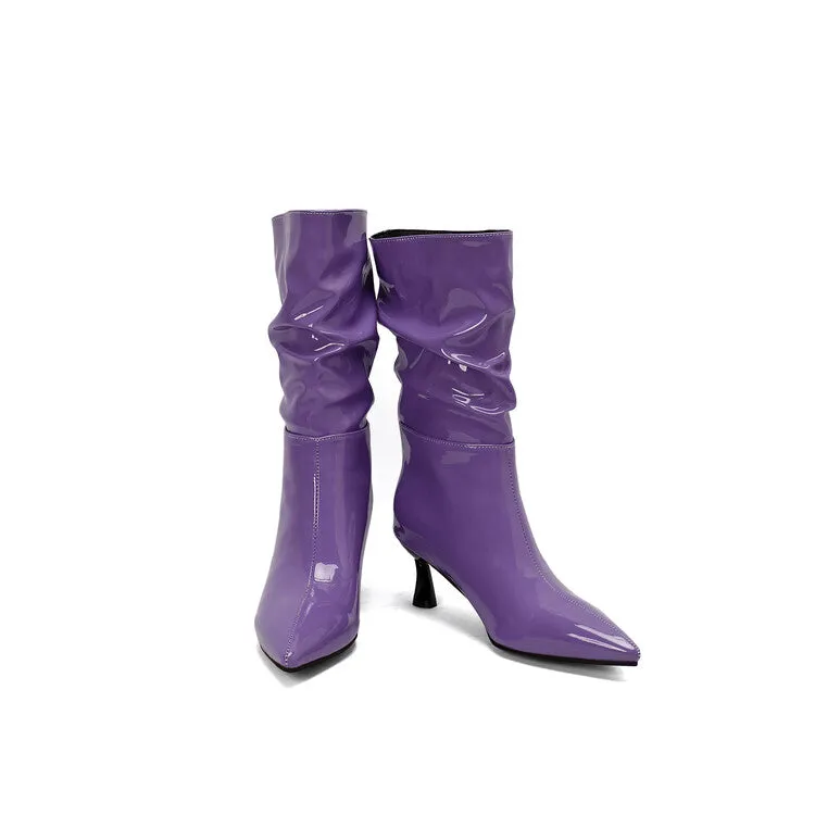 Women's Patent Leather Pointed Toe Pleated Mid-Calf Boots