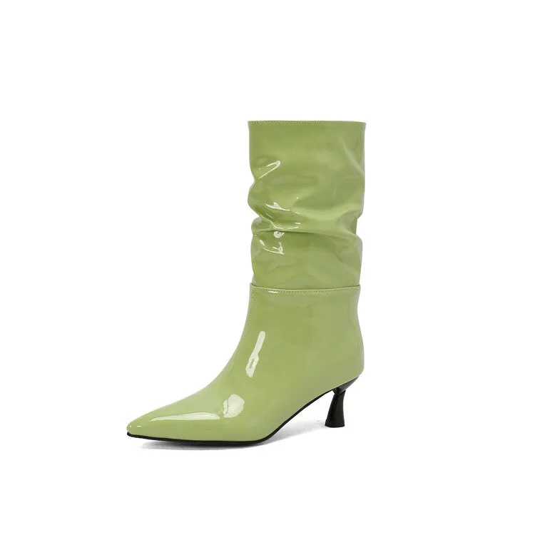 Women's Patent Leather Pointed Toe Pleated Mid-Calf Boots