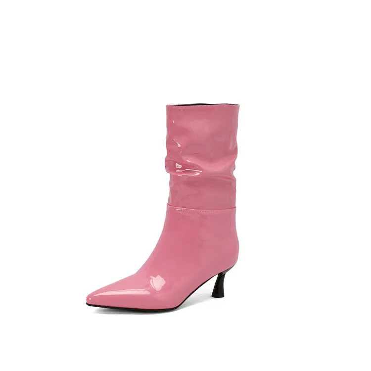 Women's Patent Leather Pointed Toe Pleated Mid-Calf Boots