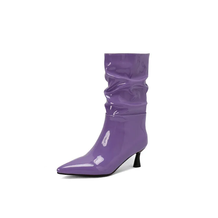 Women's Patent Leather Pointed Toe Pleated Mid-Calf Boots