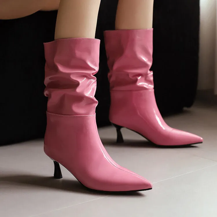 Women's Patent Leather Pointed Toe Pleated Mid-Calf Boots