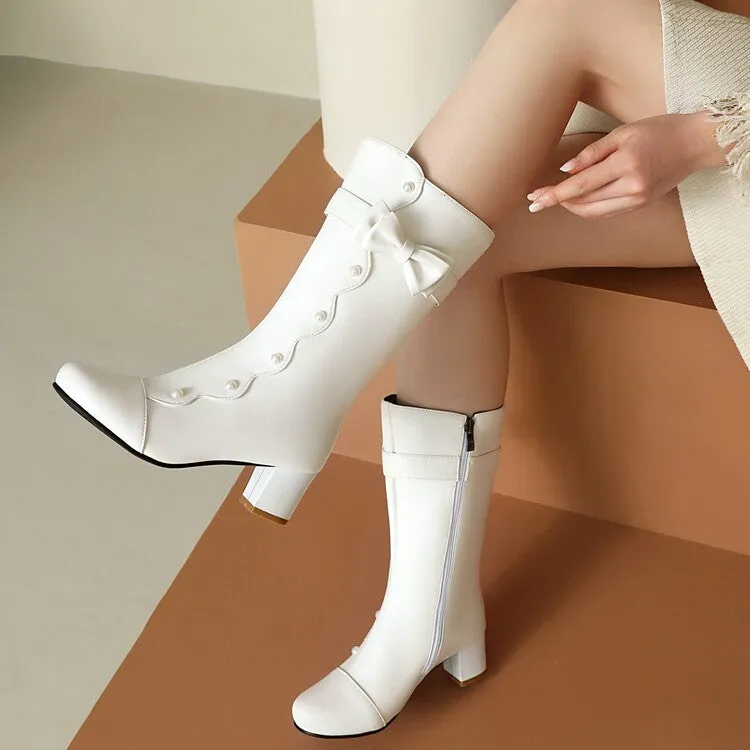 Women's Pearl Bowtie Round Toe Square Heel Mid Calf Boots