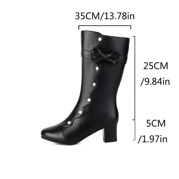 Women's Pearl Bowtie Round Toe Square Heel Mid Calf Boots