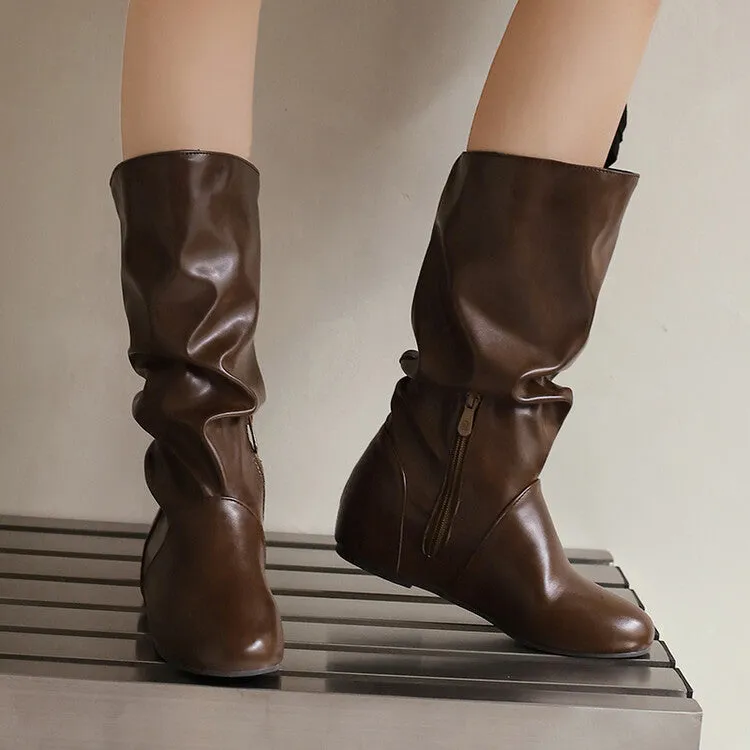 Women's Pleated Round Toe Increased Internal Mid-Calf Boots