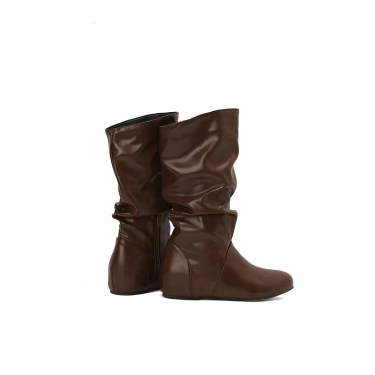 Women's Pleated Round Toe Increased Internal Mid-Calf Boots