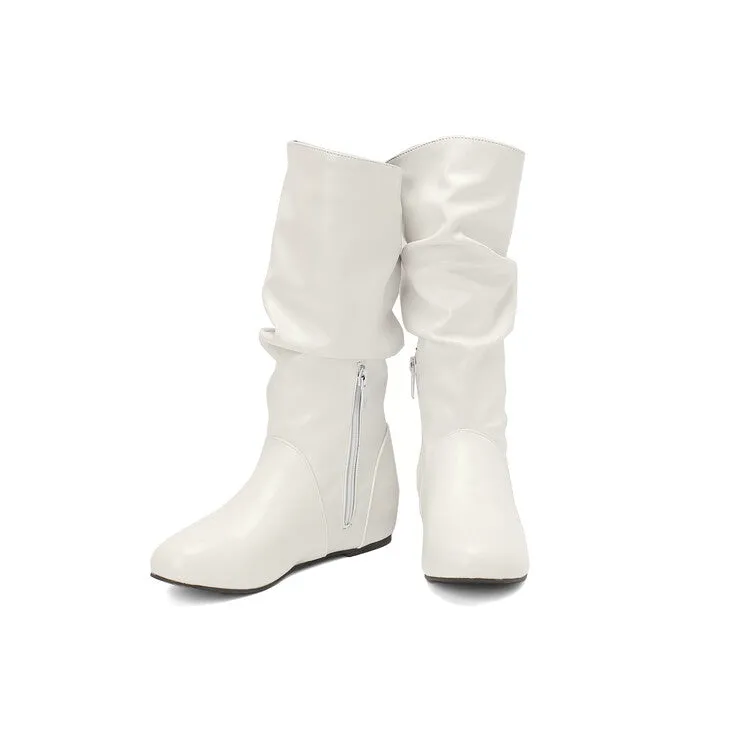 Women's Pleated Round Toe Increased Internal Mid-Calf Boots