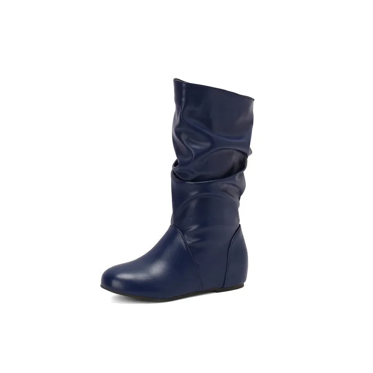 Women's Pleated Round Toe Increased Internal Mid-Calf Boots