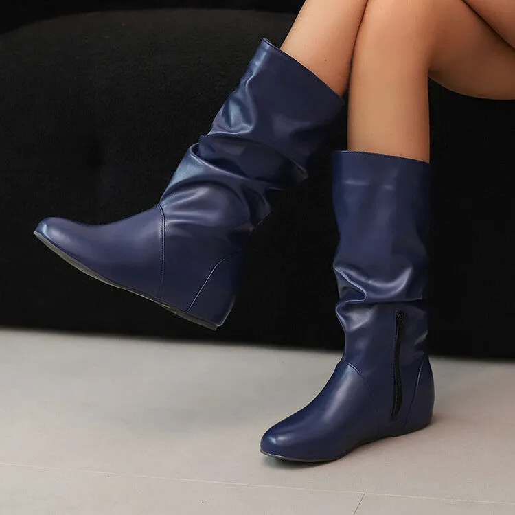 Women's Pleated Round Toe Increased Internal Mid-Calf Boots