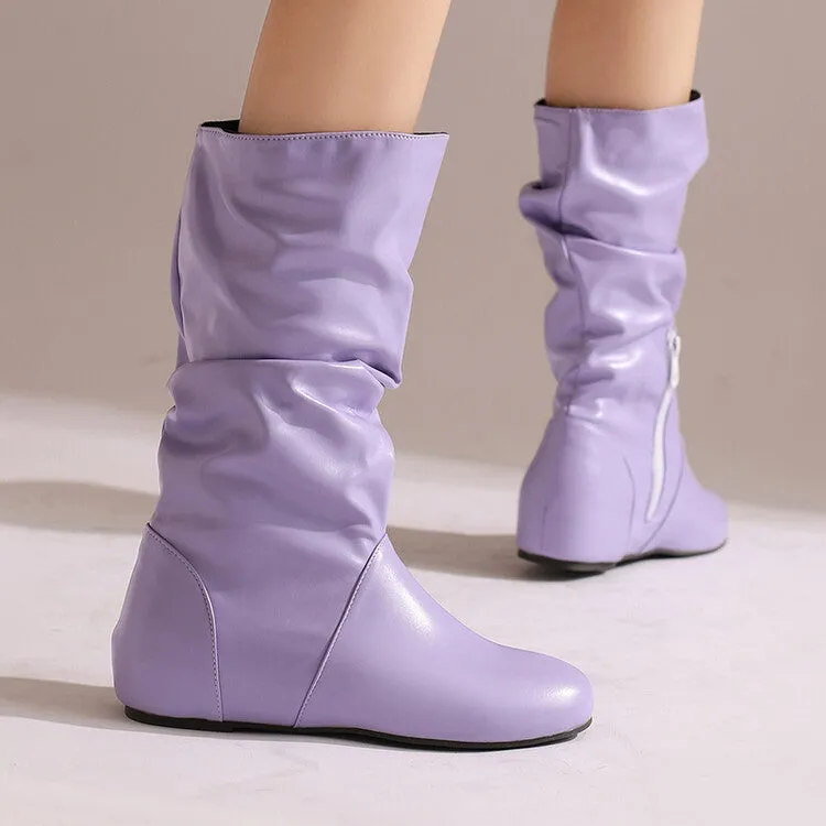 Women's Pleated Round Toe Increased Internal Mid-Calf Boots