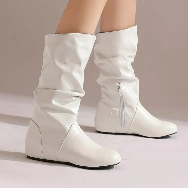 Women's Pleated Round Toe Increased Internal Mid-Calf Boots