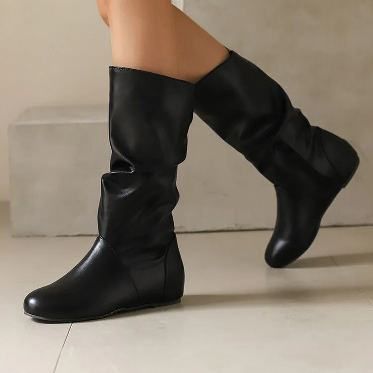 Women's Pleated Round Toe Increased Internal Mid-Calf Boots