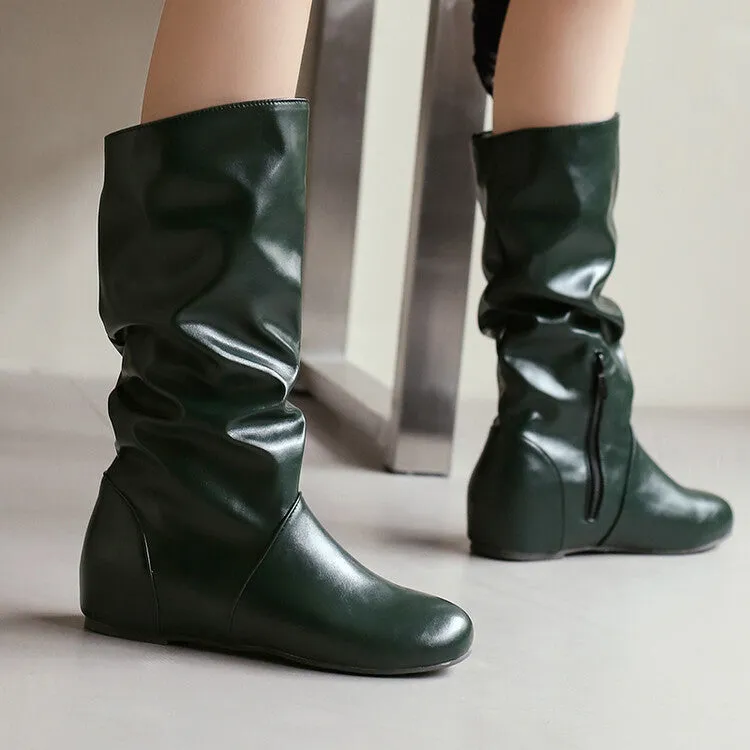 Women's Pleated Round Toe Increased Internal Mid-Calf Boots