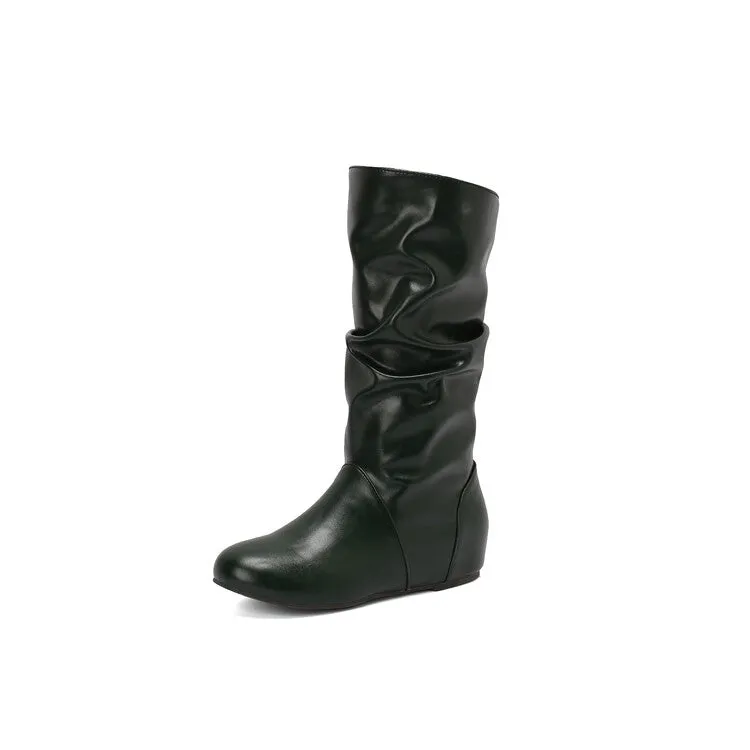 Women's Pleated Round Toe Increased Internal Mid-Calf Boots