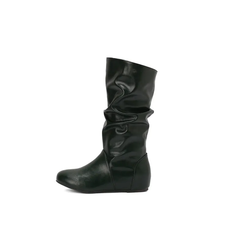 Women's Pleated Round Toe Increased Internal Mid-Calf Boots