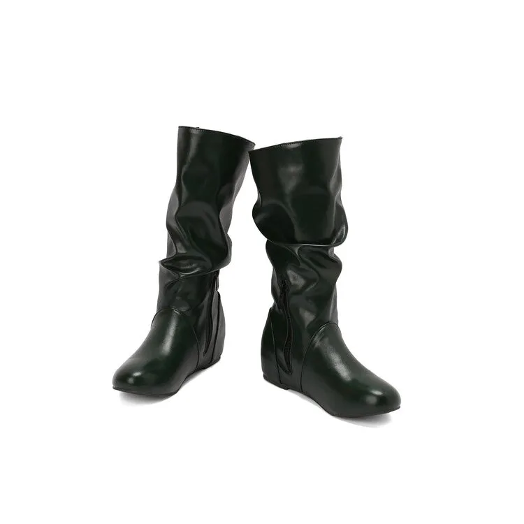 Women's Pleated Round Toe Increased Internal Mid-Calf Boots