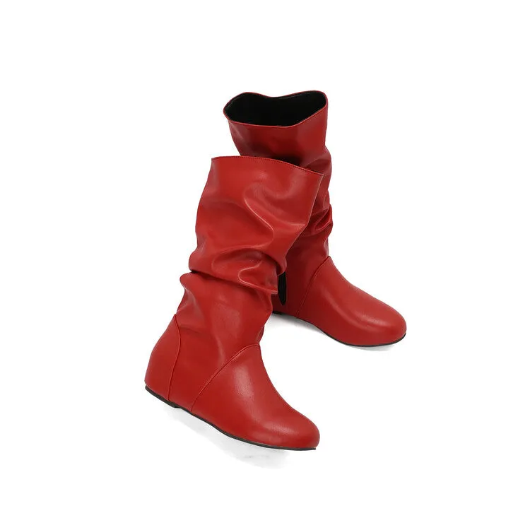 Women's Pleated Round Toe Increased Internal Mid-Calf Boots