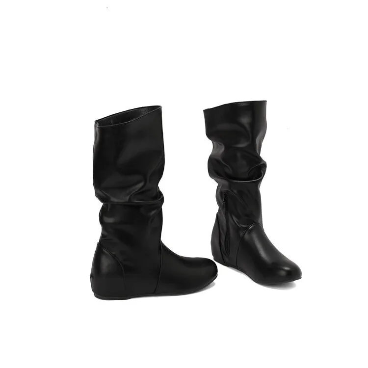 Women's Pleated Round Toe Increased Internal Mid-Calf Boots