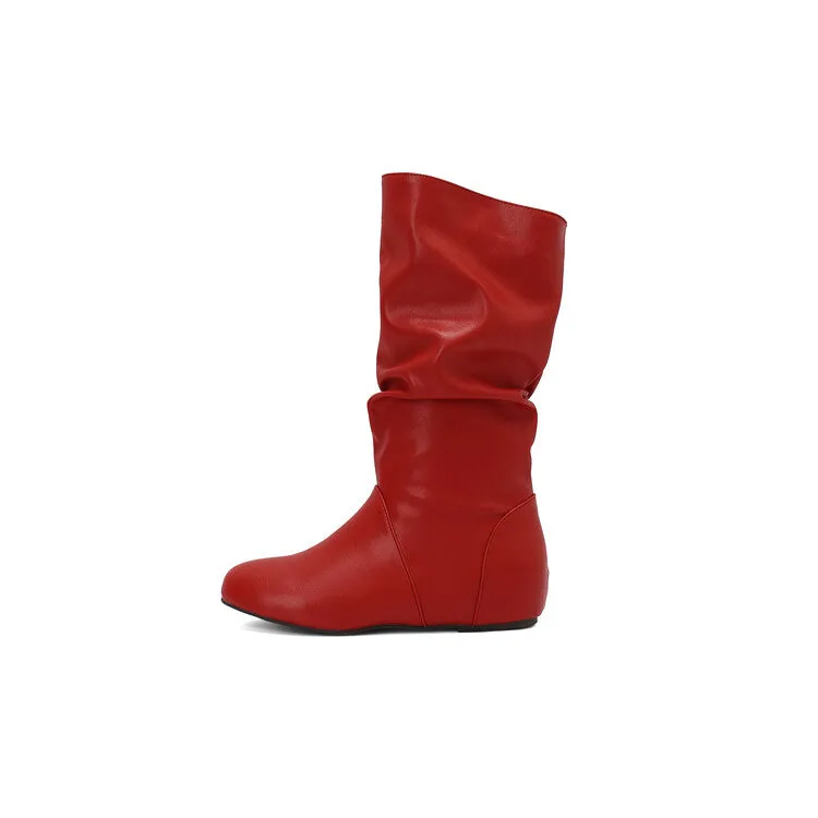 Women's Pleated Round Toe Increased Internal Mid-Calf Boots