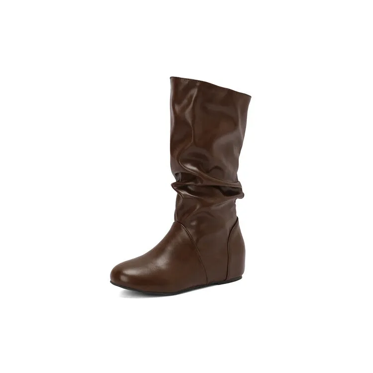 Women's Pleated Round Toe Increased Internal Mid-Calf Boots