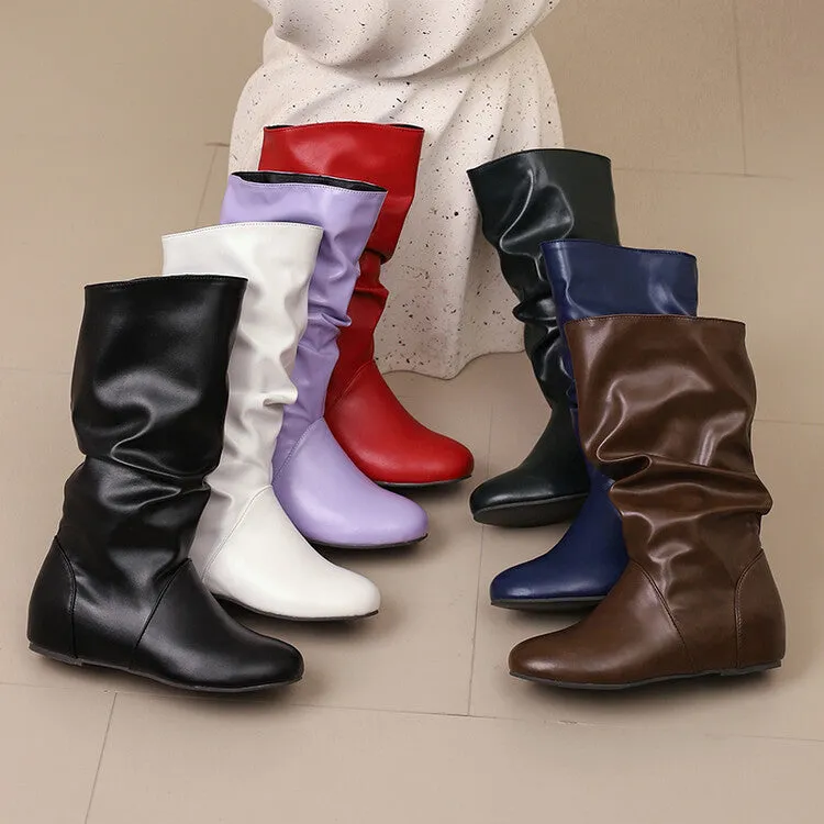 Women's Pleated Round Toe Increased Internal Mid-Calf Boots