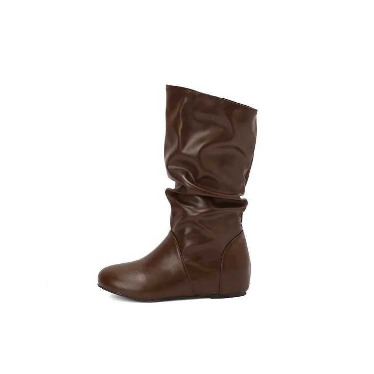 Women's Pleated Round Toe Increased Internal Mid-Calf Boots