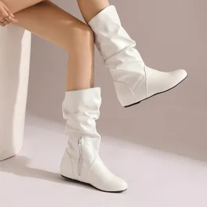 Women's Pleated Round Toe Increased Internal Mid-Calf Boots