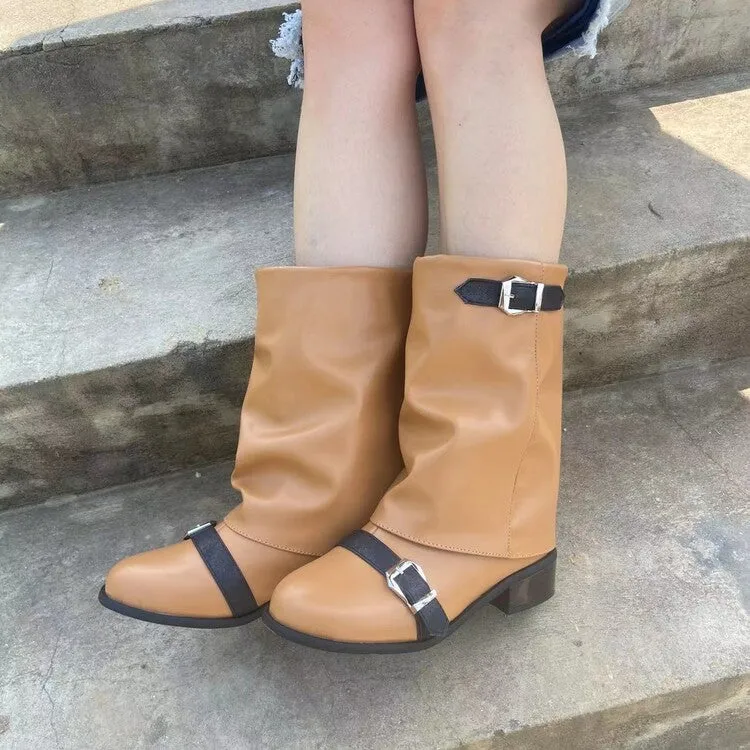 Women's Pleated Round Toe Mid-Calf Low Heel Western Boots