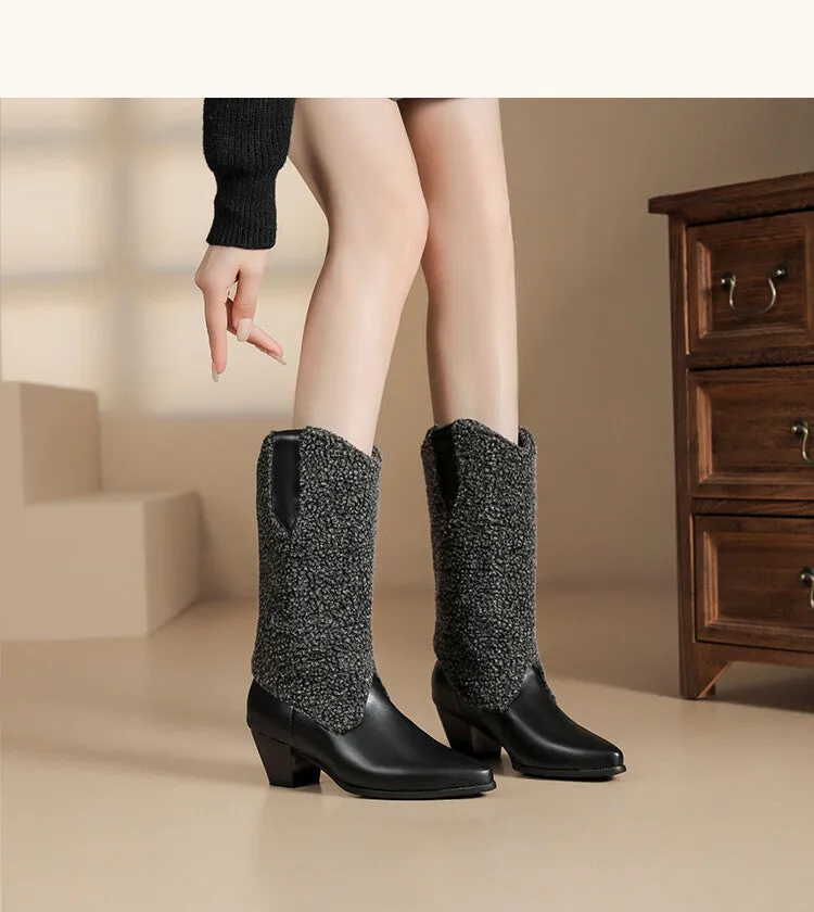 Women's Pointed Toe Mid-Calf Square Heel Western Boots