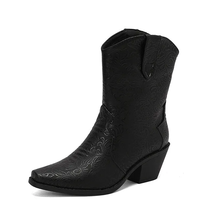 Women's Pointed Toe Square Heel Western Mid-calf Boots