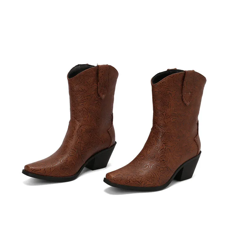 Women's Pointed Toe Square Heel Western Mid-calf Boots