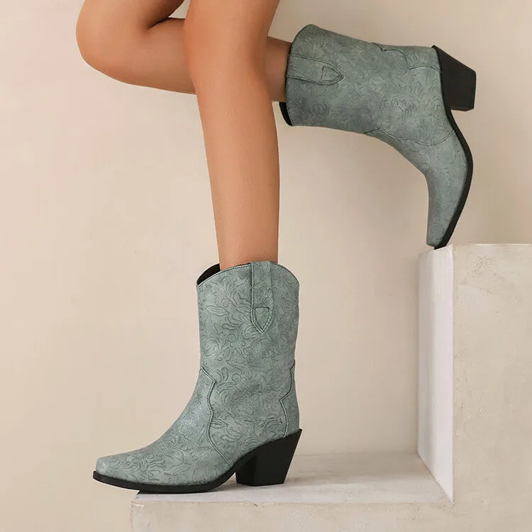 Women's Pointed Toe Square Heel Western Mid-calf Boots