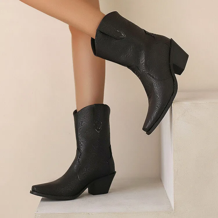 Women's Pointed Toe Square Heel Western Mid-calf Boots