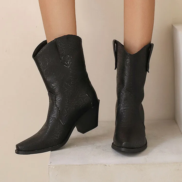 Women's Pointed Toe Square Heel Western Mid-calf Boots