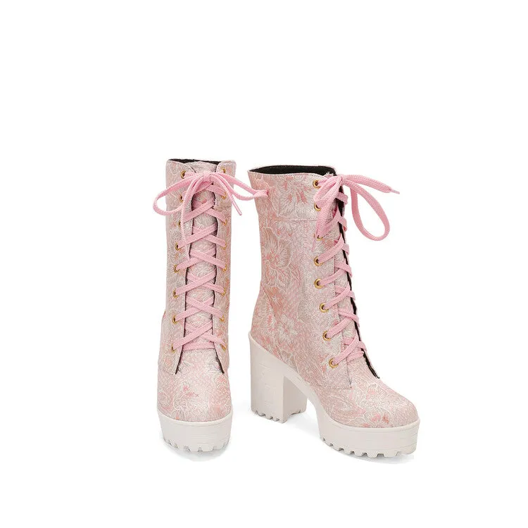 Women's Round Toe Flowers Platform Square High Heel Mid-Calf Boots