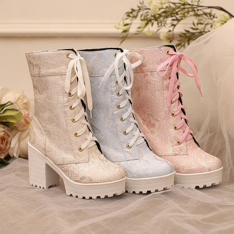 Women's Round Toe Flowers Platform Square High Heel Mid-Calf Boots