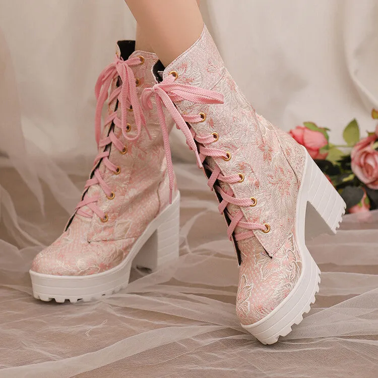 Women's Round Toe Flowers Platform Square High Heel Mid-Calf Boots