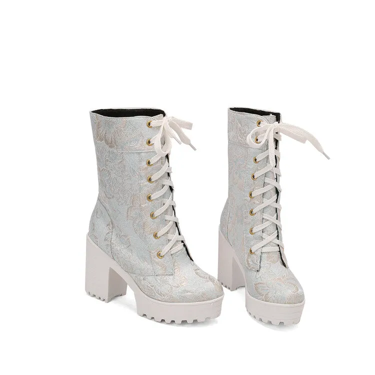 Women's Round Toe Flowers Platform Square High Heel Mid-Calf Boots