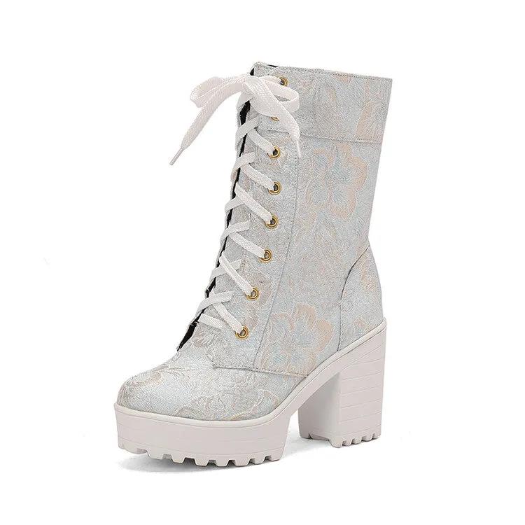 Women's Round Toe Flowers Platform Square High Heel Mid-Calf Boots