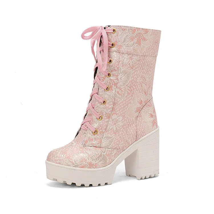 Women's Round Toe Flowers Platform Square High Heel Mid-Calf Boots