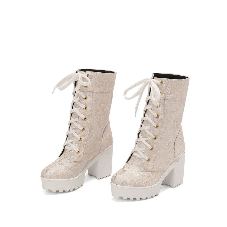 Women's Round Toe Flowers Platform Square High Heel Mid-Calf Boots