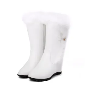 Women's Round Toe Wedge Heel Fur Mid-Calf Boots