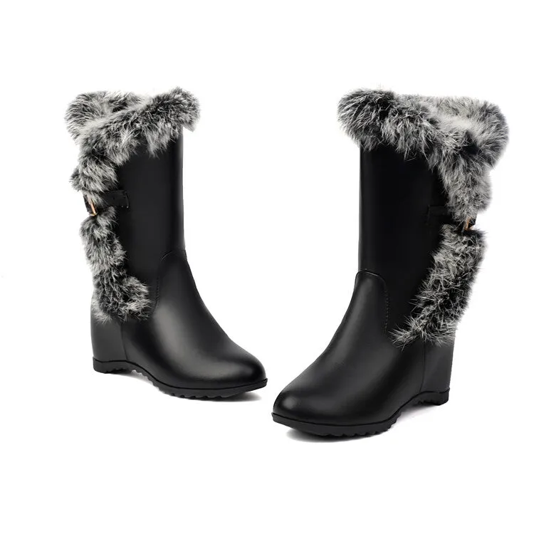 Women's Round Toe Wedge Heel Fur Mid-Calf Boots