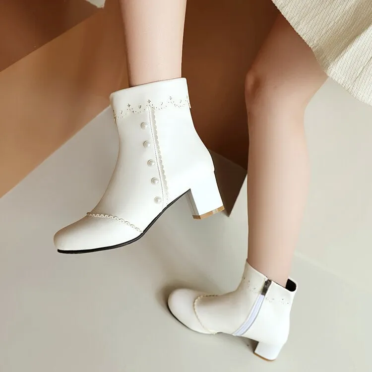 Women's Ruffles Pearls Round Toe Block Heel Mid Calf Boots