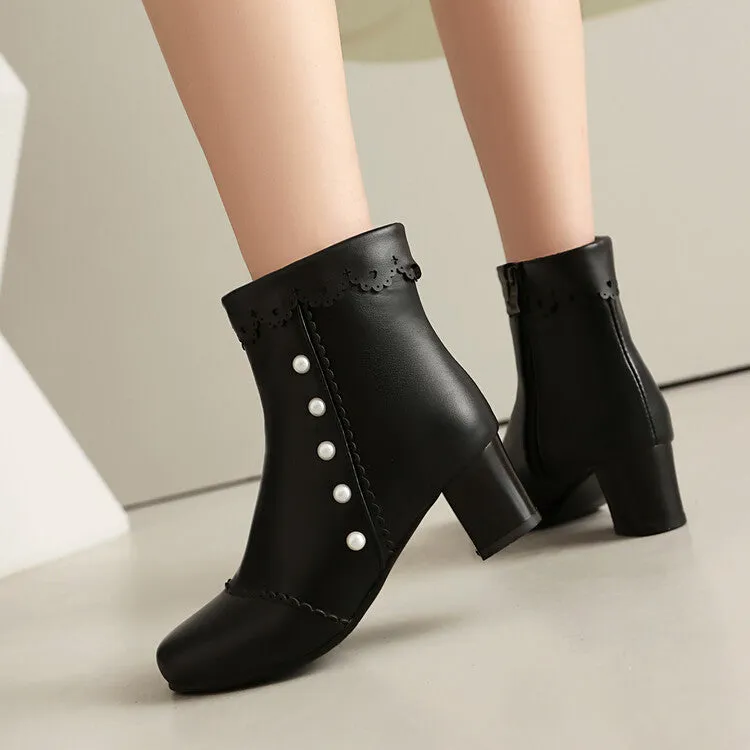 Women's Ruffles Pearls Round Toe Block Heel Mid Calf Boots