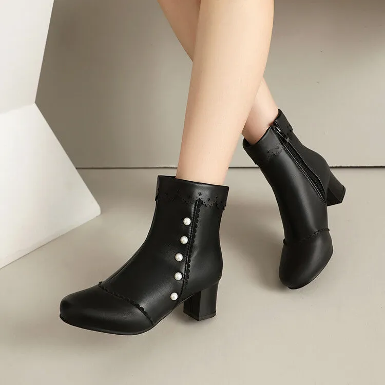 Women's Ruffles Pearls Round Toe Block Heel Mid Calf Boots