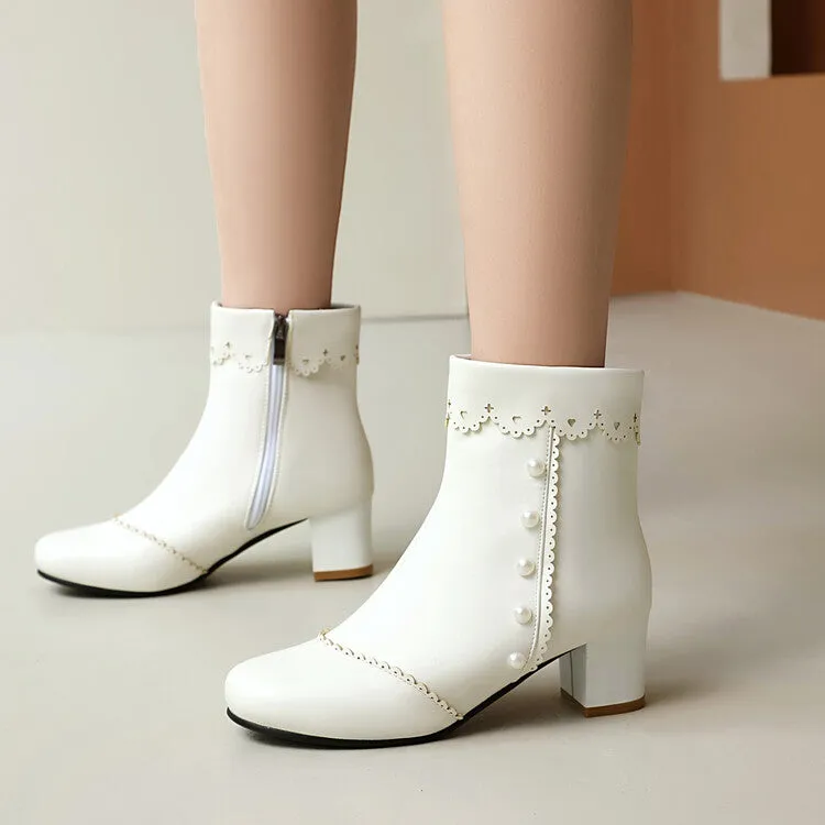 Women's Ruffles Pearls Round Toe Block Heel Mid Calf Boots