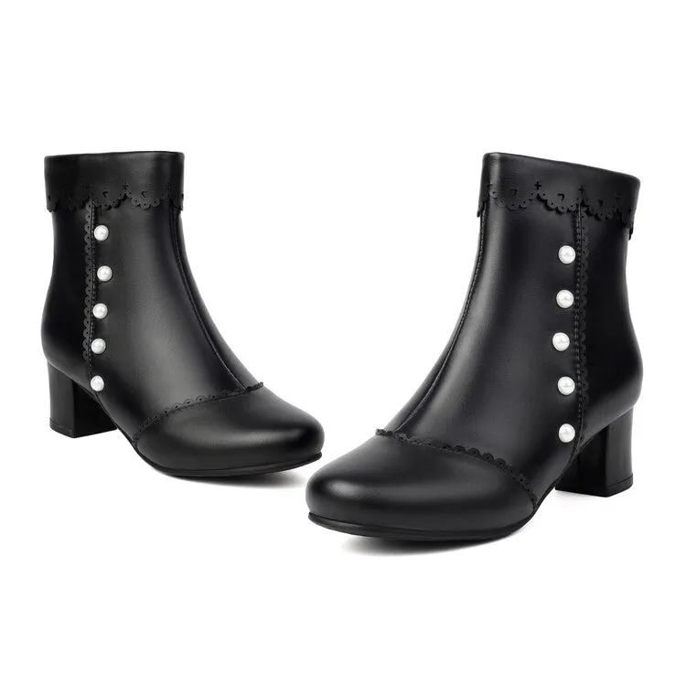 Women's Ruffles Pearls Round Toe Block Heel Mid Calf Boots